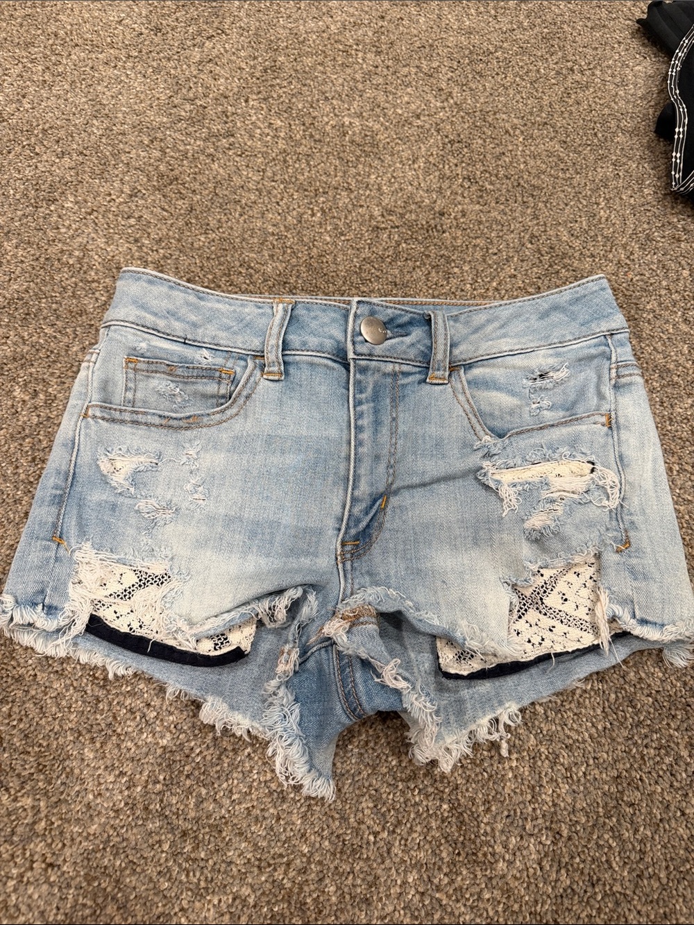 Light Wash Distressed Lace-Detail Denim Shorts - Women